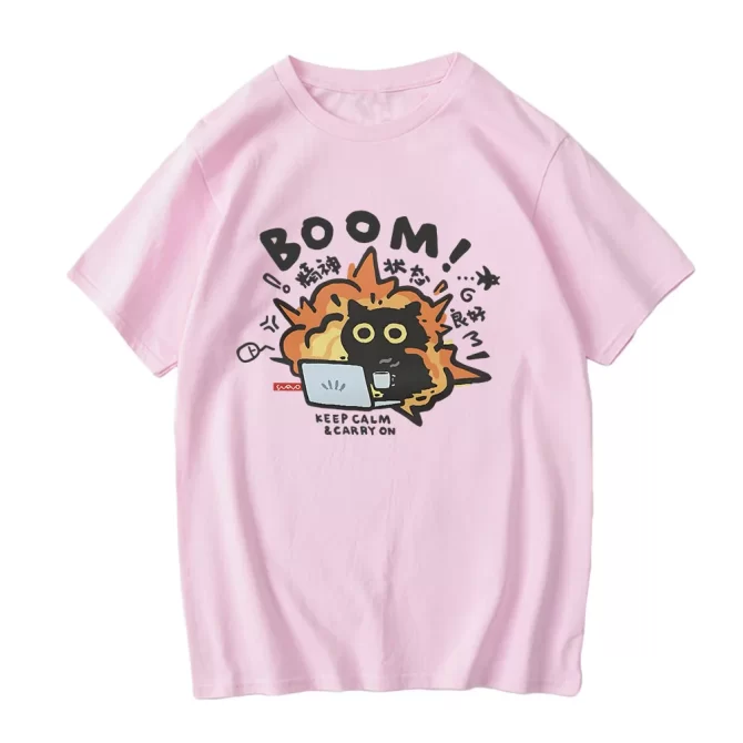 Boom CAT T-shirt Mental Pure Cotton Short Sleeved Tshirt for Men Women 2024 Summer New Tee Clothes Loose Casual Cartoon Tops 4