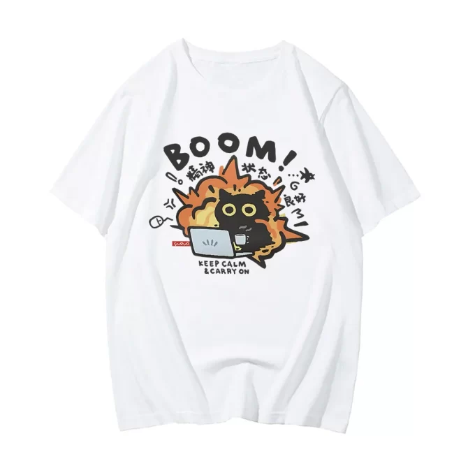 Boom CAT T-shirt Mental Pure Cotton Short Sleeved Tshirt for Men Women 2024 Summer New Tee Clothes Loose Casual Cartoon Tops 2