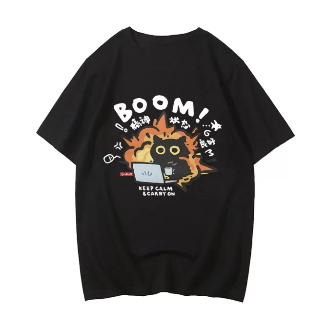 Boom CAT T-shirt Mental Pure Cotton Short Sleeved Tshirt for Men Women 2024 Summer New Tee Clothes Loose Casual Cartoon Tops 6