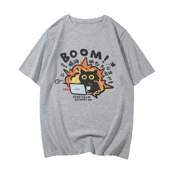 Boom CAT T-shirt Mental Pure Cotton Short Sleeved Tshirt for Men Women 2024 Summer New Tee Clothes Loose Casual Cartoon Tops 5